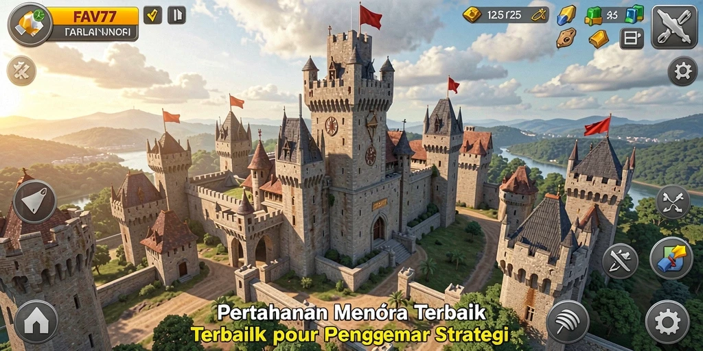 Screenshot gameplay FAV77 menunjukkan intensitas pertahanan menara yang dramatis.
