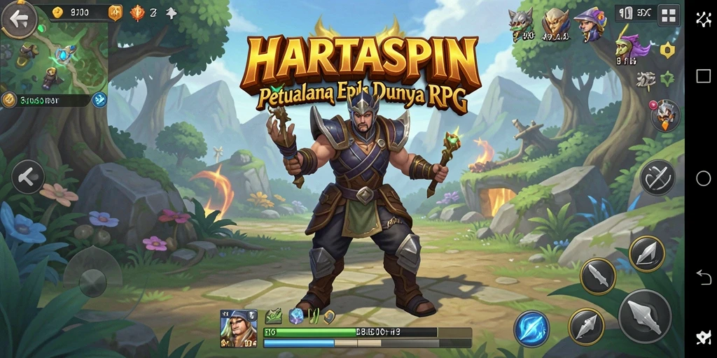 Screenshot utama HARTASPIN menampilkan aksi pertarungan RPG yang menegangkan.