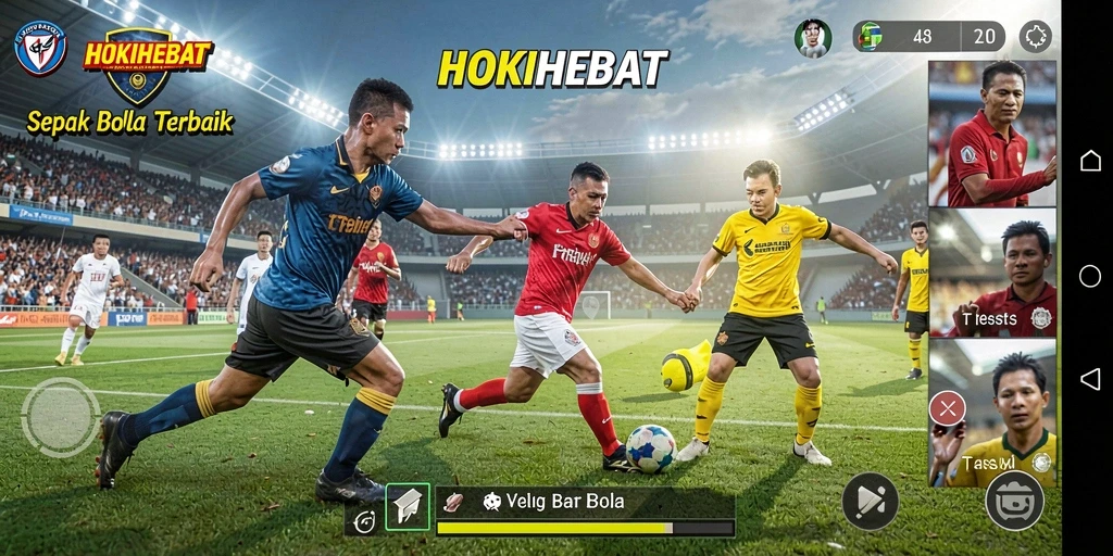 Screenshot gameplay HOKIHEBAT yang menampilkan pertandingan sepak bola seru.
