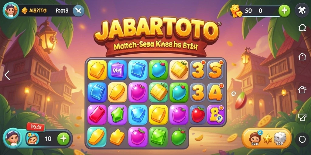 Tampilan gameplay seru JABARTOTO yang penuh warna dan tantangan Match-3.