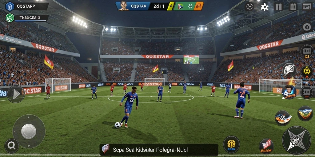 Tampilan gameplay QQSTAR yang dinamis saat pertandingan sepak bola.