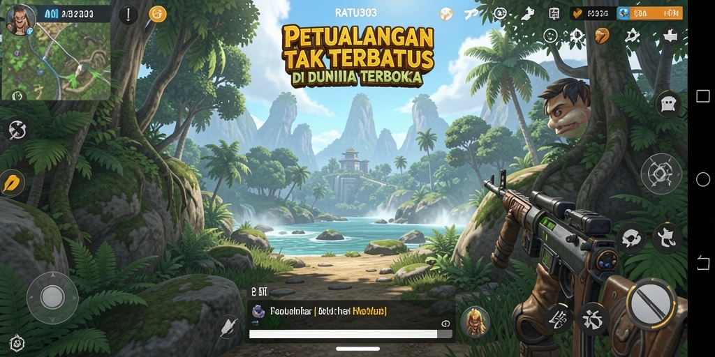 Screenshot gameplay menunjukkan dunia terbuka yang luas di RATU303.